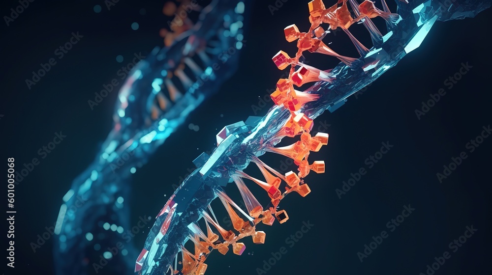 Aufkleber Abstract 3d DNA molecule helix with cutted part.Low-poly style. Abstract neon frame style. Generative AI