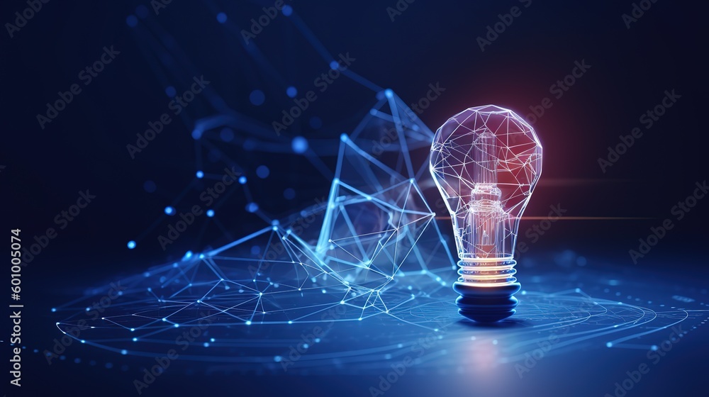Aufkleber abstract blue glowing light bulb.low-poly style. abstract neon frame style. generative ai