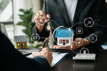 Real estate broker agent presenting and consult to customer to decision making sign insurance form...