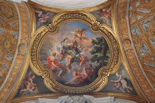 Santi Ambrogio e Carlo al Corso Basilica Ceiling Fresco with Golden Frame in Rome, Italy