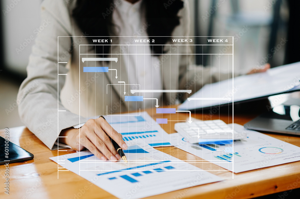 Poster project manager working and update tasks with milestones progress planning and gantt chart schedulin