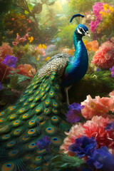 Fototapeta premium Garden Royalty - The Majestic Peacock in a Vibrant Oasis. Generative AI.