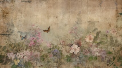 Grunge, abstract vintage floral background with butterflies. Generative ai composite.