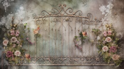 Vintage iron gate background with flowers. Generative ai composite.