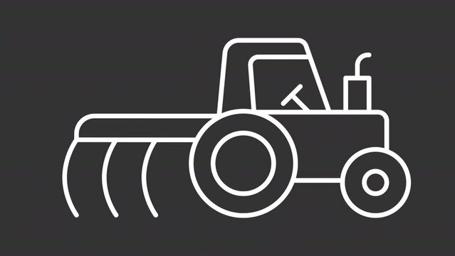 Animated tractor with harrow icon. Moving vehicle line animation. Agricultural equipment. Loop HD video with chroma key, alpha channel, transparent background. Outline motion graphic animation