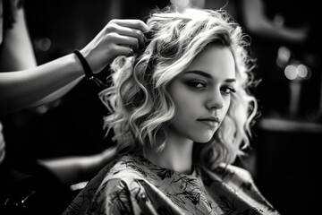 Hairdressing salon, woman having dyed hair in a hairdresser. Black and white image.. generate by ai