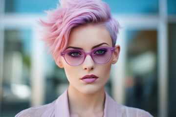 Fototapeta na wymiar Portrait of woman with short violet hair and sunglasses. Styling. generate by ai