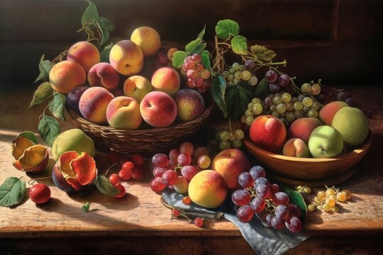 Still life painting of fruit and vegetables painted in watercolor