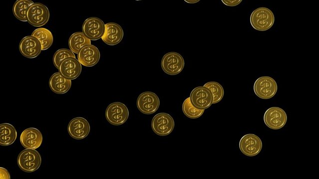 Dollar USD currency in gold coin falling. Loopable digital background. 3D seamless loop cycled concept of economy and finance. Golden rain looping abstract animation. 4K UHD 3840x2160 3D render 