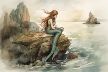 Watercolor painting of a mermaid sitting on a rock in the ocean © Cinematic Stock