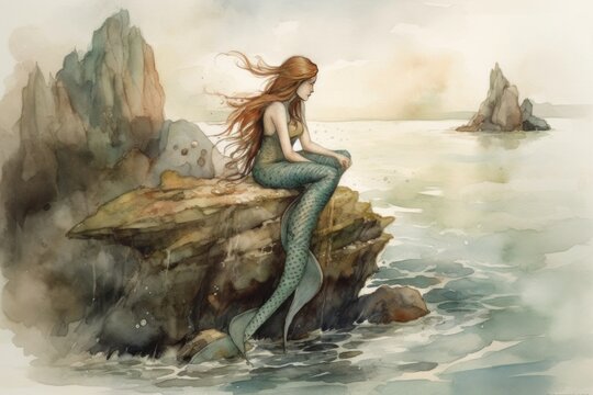 Watercolor painting of a mermaid sitting on a rock in the ocean