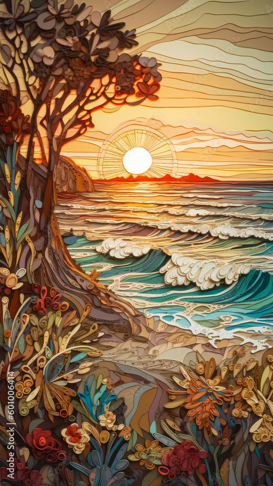 Poster paper quilling art representing a landscape with water, sky and trees. created with generative ai te