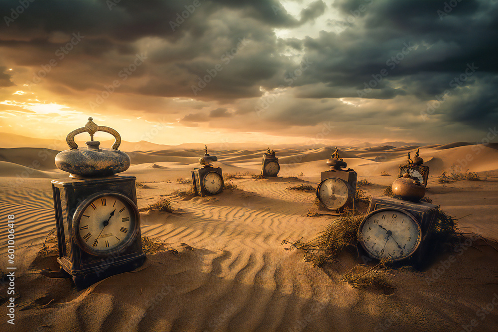 Poster old clocks on desert dunes at sunset. surreal time metaphor composition. time related concept. creat