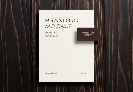 Letterhead Branding A4 Paper Mockup Template Business Card Invitation Gold Foil Debossed Shadow