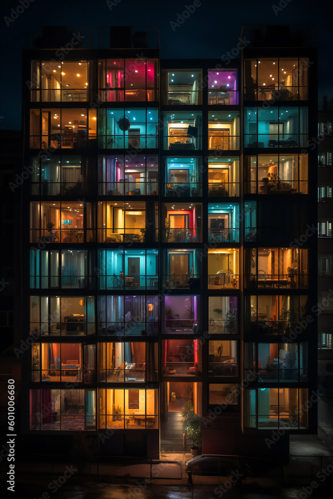 Poster night view of a group of colorful apartments. created with generative ai technology.