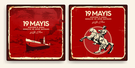 19 mayis Ataturk'u Anma, Genclik ve Spor Bayrami , 19 may Commemoration of Ataturk, Youth and Sports Day, Bandirma Vapuru Ship vintage vector illustration. - obrazy, fototapety, plakaty