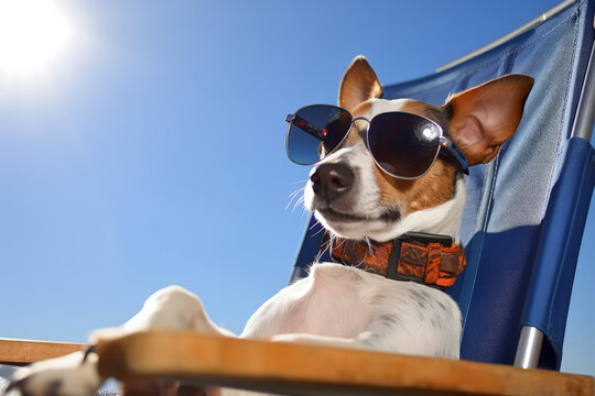 Sunbathing Pooch: Smiling Jack Russell Relaxing with Sunglasses on Lounge Chair. Generative AI