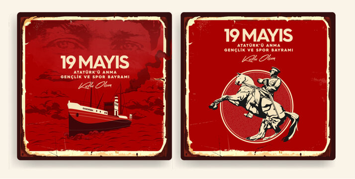 19 mayis Ataturk'u Anma, Genclik ve Spor Bayrami , 19 may Commemoration of Ataturk, Youth and Sports Day, Bandirma Vapuru Ship vintage vector illustration.