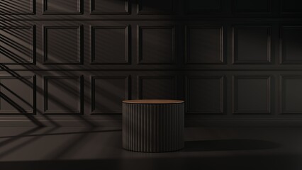 Black empty podium or pedestal for product presentation, showcase of beauty and cosmetics product. Round mockup platform on dark background. 3d rendering