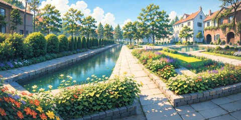 Fototapeta premium anime style background, landscape, park, lake, river, garden, backyard, architecture, blue sky, generative ai, generative, ai