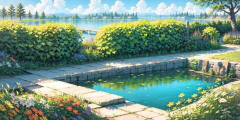 Fototapeta premium anime style background, landscape, park, lake, river, garden, backyard, architecture, blue sky, generative ai, generative, ai