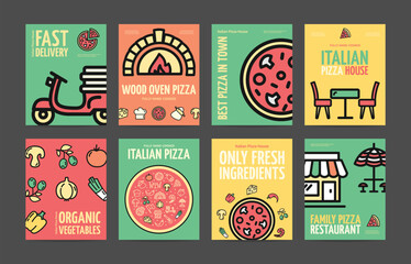 Italian Pizza House Placard Poster Banner Card Set with Thin Line Elements. Vector illustration of Pizzeria