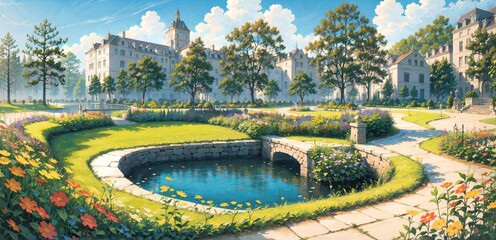 anime style background, landscape, park, lake, river,  garden, backyard, architecture, blue sky, generative ai, generative, ai