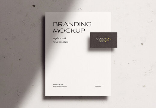 Letterhead Branding A4 Paper Mockup Template Business Card Invitation Gold Foil Debossed Shadow