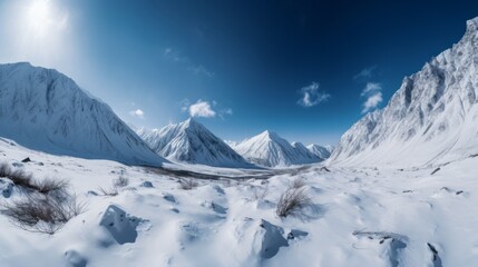 Fototapeta na wymiar Stunning snow capped mountains in a wide angle image. AI generative.