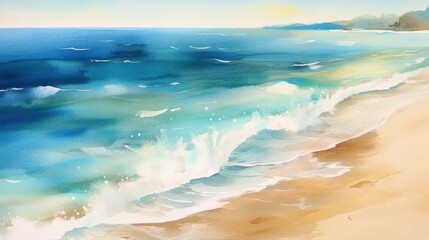 Summer background in watercolor style sea wave and sand beach. AI generative.