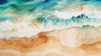 Fototapeta na wymiar Summer background in watercolor style sea wave and sand beach. AI generative.