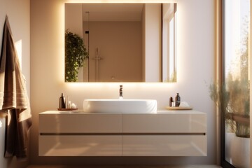 Naklejka na ściany i meble apartment sink modern design counter interior house faucet luxury bathroom sunlight. Generative AI.