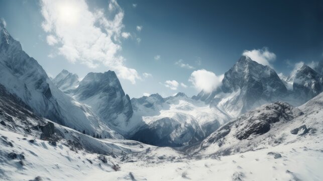 Stunning snow capped mountains in a wide angle image. AI generative.
