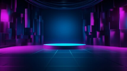 Empty stage shows empty dark blue purple pink background. AI generative.