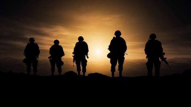 The silhouette of the soldiers on sunset background. Ai generative.