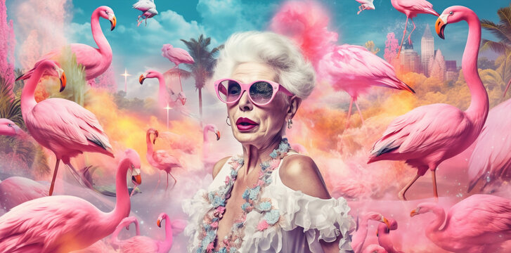 beautiful old juvenile woman with a peculiar fashion style and white hairstyle on a surreal dreamlike collage, pink pastel candy colors andpink flamingoes, generative ai illustration