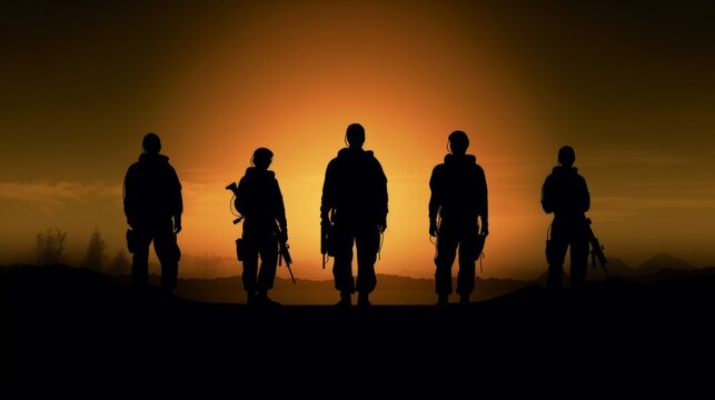The silhouette of the soldiers on sunset background. Ai generative.