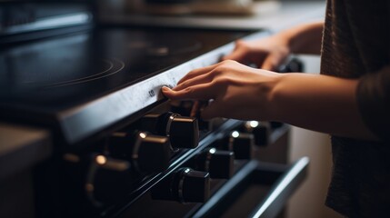 Hand switching on gas on a stove. Generative Ai