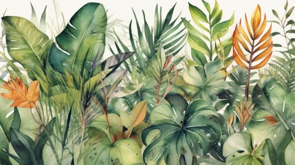 Watercolor illustration of tropical plants background. AI generation.
