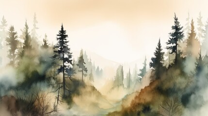 Watercolor landscape. Coniferous and morning forest. AI generative.