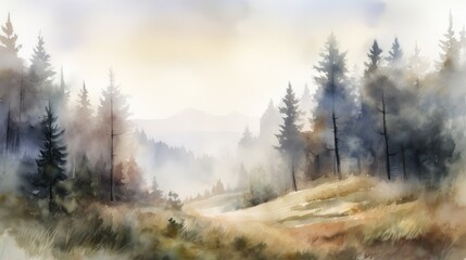 Fototapeta na wymiar Watercolor landscape. Coniferous and morning forest. AI generative.