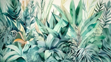 Naklejka na ściany i meble Watercolor illustration of tropical plants background. AI generation.