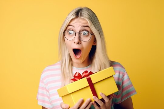 Happy surprised beautiful woman opening a gift box on a neutral pastel background. Generative Ai