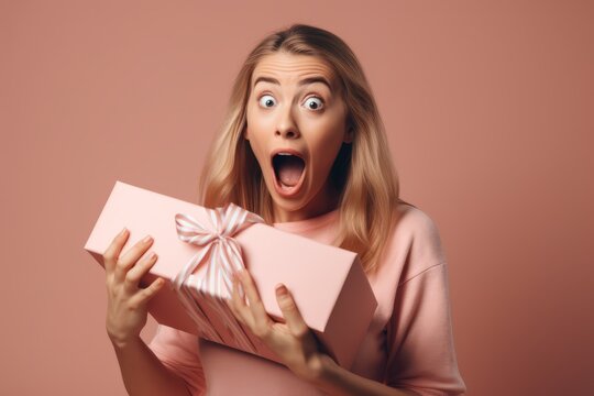 Happy surprised beautiful woman opening a gift box on a neutral pastel background. Generative Ai