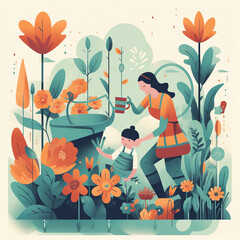 Mother's Day Garden: Cheerful illustration of mother and child gardening together with flat shapes and warm colors. Generative AI.