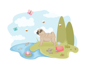 Pug. Cute cartoon-style pug stands near the lake, butterflies and bees fly around it. Pug in nature. Vector illustration