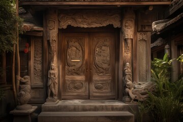 Fototapeta premium A elaborately carved wooden door of a traditional stilt house. Portray the historic architecture and cultural heritage of Vietnamese villages. Generative Ai