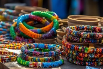 Beaded plastic necklaces, bangles or bracelets in rainbow colors. Focus on the whimsical, budget-friendly handicrafts that are popular souvenirs for tourists. Generative Ai