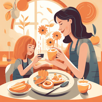Mother's Day Brunch: Playful illustration of mother and child enjoying brunch together with flat shapes and bright colors. Generative AI.