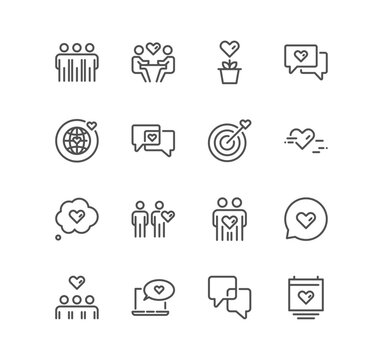 Set of friendship and love related icons, mutual understanding, interaction, assistance business, trust, social responsibility and linear variety vectors.